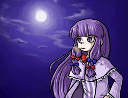 1girl blue_bow blue_sky blunt_bangs bow bseibutsu cigarette closed_mouth commentary_request cookie_(touhou) cowboy_shot dress frown full_moon hair_bow long_hair long_sleeves looking_afar moon night patchouli_knowledge purple_dress purple_eyes purple_hair red_bow redrawn sky smoking solo striped_clothes striped_dress taisa_(cookie) touhou v-shaped_eyebrows vertical-striped_clothes vertical-striped_dress very_long_hair wide_sleeves