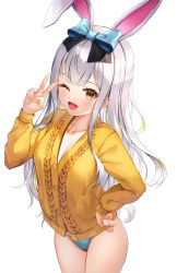 1girl, ;d, animal ears, bangs, bikini, bikini under clothes, blue bikini, blue bow, blush, bow, breasts, brown eyes, bunny ears, cleavage, collarbone, commentary request, eyebrows visible through hair, hair bow, hand on hip, hand up, jacket, long sleeves, looking at viewer, lunacle, medium breasts, mochizuki himari, one eye closed, open mouth, silver hair, simple background, sleeves past wrists, smile, solo, swimsuit, uni create, v, virtual youtuber, white background, yellow jacket