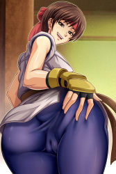 Rule 34 | 1girl, ass, ass grab, brown eyes, brown hair, cameltoe, headband, highres, huge ass, naughty face, open mouth, ryuuko no ken, short hair, smile, snk, solo, spandex, spread ass, teasing, the king of fighters, thick thighs, thighs, yuri sakazaki