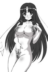 Rule 34 | 1girl, areola slip, black hair, blush, body blush, covered erect nipples, covering privates, cowboy shot, greyscale, groin, hand on own chest, hand on own stomach, headband, light smile, long hair, looking at viewer, maebari, makinaru, monochrome, musha miko tomoe, navel, nude, ofuda, ofuda on nipples, ofuda on pussy, parted bangs, pasties, queen&#039;s blade, sidelocks, simple background, smile, solo, standing, tomoe (queen&#039;s blade), tomoe (queen's blade), very long hair
