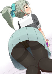 Rule 34 | 1girl, all fours, ass, bed sheet, black pantyhose, black shirt, blue bow, blue skirt, blush, bow, dutch angle, embarrassed, closed eyes, female focus, from behind, green hair, hair bow, hair ornament, kantai collection, knees together feet apart, minamimachi naname, panties, panties under pantyhose, pantyhose, pee stain, pleated skirt, ponytail, shirt, short sleeves, simple background, skirt, solo, thighband pantyhose, underwear, upskirt, wet, wet clothes, wet panties, white background, wristband, yellow panties, yuubari (kancolle)
