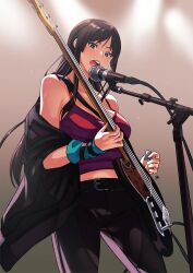 Rule 34 | 1girl, akiyama mio, bass guitar, belt, black belt, black eyes, black hair, black jacket, black pants, breasts, commentary, cowboy shot, english commentary, highres, holding, holding instrument, instrument, jacket, k-on!, large breasts, long hair, mark henry bustamante, microphone, microphone stand, midriff, music, open mouth, pants, playing instrument, red tank top, sidelocks, singing, solo, standing, sweat, tank top, teeth, upper teeth only
