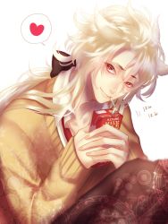 Rule 34 | 10s, 1boy, bad id, bad pixiv id, beamed semiquavers, crotchet, drinking, drinking straw, heart, highres, kogitsunemaru, kunreishiki, long hair, looking at viewer, male focus, musical note, necktie, nipponia nippon, quaver, red eyes, red necktie, romaji text, simple background, smile, solo, speech bubble, spoken heart, sweater, touken ranbu, white background