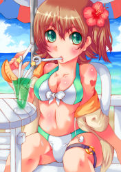 Rule 34 | 1girl, absurdres, bad id, bad pixiv id, bikini, blush, body blush, breasts, brown hair, chair, cleavage, cocktail, cup, day, drink, drinking, drinking glass, drinking straw, flower, food, front-tie bikini top, front-tie top, fruit, green eyes, hair flower, hair ornament, hibiscus, highres, horizon, iwato (celler), jacket, looking at viewer, medium breasts, multicolored bikini, multicolored clothes, o-ring, ocean, off shoulder, orange (fruit), orange slice, original, outdoors, short hair, short sleeves, sitting, sky, solo, swimsuit, table, thigh strap, umbrella