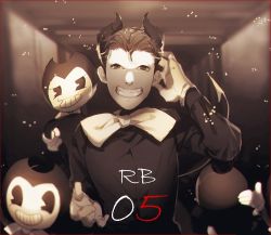 Rule 34 | 1boy, bendy, bendy and the ink machine, bow, bowtie, grin, horns, humanization, looking at viewer, male focus, monochrome, multiple persona, no-kan, pac-man eyes, smile, spot color, upper body