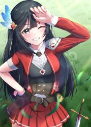 Rule 34 | 1girl, absurdres, birthday, black hair, blush, bright09, commentary, feather hair ornament, feathers, grey eyes, grin, hair ornament, highres, long hair, looking at viewer, love live!, love live! nijigasaki high school idol club, one eye closed, one side up, signature, smile, standing, sword, upper body, weapon, yuki setsuna (love live!)