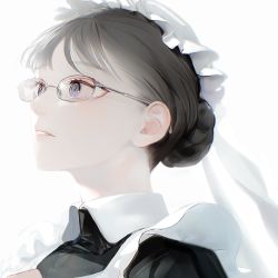 Rule 34 | 1girl, black hair, blue eyes, check copyright, copyright request, eyelashes, glasses, hair bun, highres, lips, looking to the side, maid, maid headdress, nanase miri, original, parted lips, portrait, solo, tearing up