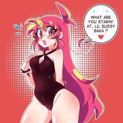 Rule 34 | 1girl, black one-piece swimsuit, blush, breasts, cleavage, embarrassed, english text, eyelashes, flying sweatdrops, heart, highres, long hair, looking at viewer, one-piece swimsuit, open mouth, original, pink eyes, pink hair, red background, secretnarc, sidelocks, simple background, small breasts, solo, speech bubble, spoken heart, sweat, swimsuit, talking, thighs, very long hair, wet, wide hips