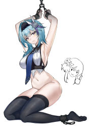 Rule 34 | 1girl, armpits, arms up, bare shoulders, black hairband, black thighhighs, blue hair, blue necktie, blush, bound, bound wrists, breasts, chain, closed mouth, cuffs, eula (genshin impact), flower, genshin impact, hair flower, hair ornament, hairband, highres, large breasts, looking at viewer, lumine (genshin impact), medium hair, multicolored eyes, navel, necktie, no pants, purple eyes, shackles, sleeveless, smile, solo, srpzk, sweat, thighhighs, thighs, torn clothes, white background, yellow eyes