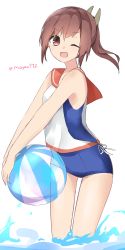 Rule 34 | 1girl, ;d, a.a (aa772), ball, bare arms, bare shoulders, beachball, blue one-piece swimsuit, brown eyes, brown hair, brown sailor collar, hair between eyes, headgear, highres, i-401 (kancolle), kantai collection, long hair, looking at viewer, one-piece swimsuit, one eye closed, open mouth, ponytail, sailor collar, shirt, sidelocks, simple background, sleeveless, sleeveless shirt, smile, solo, standing, swimsuit, swimsuit under clothes, transparent, twitter username, water, white background, white shirt
