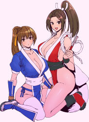 Rule 34 | 2girls, breasts, brown eyes, brown hair, choker, cleavage, crossover, dead or alive, fatal fury, female focus, hair ribbon, hand fan, highres, holding, holding fan, iwamoto eiri, kasumi (doa), kneeling, large breasts, long hair, looking at viewer, matching hair/eyes, multiple girls, ninja, open mouth, pelvic curtain, ponytail, ribbon, shiranui mai, short sleeves, sideboob, sitting, sleeveless, smile, snk, tecmo, the king of fighters, thighhighs, trait connection, white choker, white thighhighs, yellow ribbon