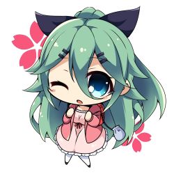 Rule 34 | 1girl, alternate costume, backpack, bag, black ribbon, blush, cherry blossoms, chibi, commentary request, dress, frilled dress, frills, green eyes, green hair, hair between eyes, hair ornament, hairclip, kantai collection, long hair, looking at viewer, one eye closed, parted bangs, peta (taleslove596), pink dress, red ribbon, ribbon, simple background, solo, white legwear, yamakaze (kancolle)