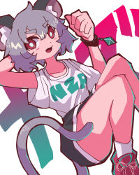 Rule 34 | 1girl, absurdres, alternate costume, animal ears, arm behind head, black shorts, blush, breasts, clothes writing, contemporary, crystal, foot out of frame, grey hair, highres, looking at viewer, megotokyo, mouse ears, mouse girl, mouse tail, nazrin, open mouth, red eyes, red footwear, shirt, shoes, short hair, shorts, small breasts, sneakers, socks, solo, tail, touhou, white shirt, white socks, wristband
