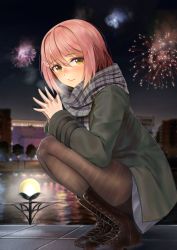 Rule 34 | 1girl, absurdres, black pantyhose, blurry, blurry background, blush, boots, breath, brown eyes, brown footwear, building, city, city lights, closed mouth, cold, commentary, fingers together, fireworks, green jacket, grey scarf, grey skirt, hair ornament, hairclip, highres, jacket, light, long sleeves, looking at viewer, looking to the side, night, night sky, original, outdoors, pantyhose, pink hair, pleated skirt, reflection, scarf, short hair, skirt, sky, solo, squatting, tree, ur-8, water