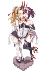 Rule 34 | 2girls, alternate costume, ankle cuffs, apron, asanagi, bare shoulders, black bow, black dress, black footwear, black legwear, black panties, blonde hair, blush, bob cut, bow, bowtie, breasts, bridal garter, bridal gauntlets, clothes lift, detached collar, dress, dress lift, dress tug, enmaided, eyeliner, facial mark, fate/grand order, fate (series), frilled apron, frilled bridal gauntlets, frilled cuffs, frilled dress, frilled garter, frills, full body, hair bow, high heels, highres, horns, ibaraki douji (fate), lifting own clothes, lips, long hair, looking at viewer, maid, maid headdress, makeup, mary janes, multiple girls, neck ribbon, oni, open mouth, panties, pointy ears, ponytail, purple eyes, purple hair, red bow, red ribbon, ribbon, shoes, short eyebrows, short hair, shuten douji (fate), side-tie panties, side-tie peek, side ponytail, simple background, skin-covered horns, skindentation, sleeveless, sleeveless dress, small breasts, smile, standing, strapless, strapless dress, tattoo, thighhighs, thighs, toeless legwear, underwear, waist apron, white apron, white background, white bow, white legwear, white panties, wrist cuffs, yellow eyes, zettai ryouiki