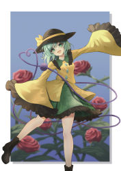 Rule 34 | 1girl, black footwear, black hat, blouse, boots, collared shirt, cross-laced footwear, eyeball, fall (5754478), flower, frilled shirt collar, frilled skirt, frills, green eyes, green hair, green skirt, hat, hat ribbon, heart, heart of string, highres, komeiji koishi, lace-up boots, open mouth, red flower, red rose, ribbon, rose, shirt, short hair, skirt, sleeves past fingers, sleeves past wrists, smile, solo, third eye, touhou, wide sleeves, yellow ribbon, yellow shirt