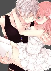 Rule 34 | 10s, 1boy, 1girl, amiko (frostedchocolate), atelier (series), atelier escha &amp; logy, bishounen, black shirt, blush, braid, carrying, couple, cowboy shot, escha malier, eye contact, frills, green eyes, grey background, hetero, jewelry, logix ficsario, looking at another, necklace, pink hair, princess carry, scar, shirt, short hair, skirt, sleeveless, sleeveless shirt, smile, thighhighs, twintails, white hair, white skirt, white thighhighs, yellow eyes