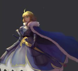 Rule 34 | 1girl, ahoge, alternate hairstyle, armor, armored dress, artoria pendragon (fate), avalon (fate/stay night), blonde hair, blue cape, blue dress, breastplate, cape, dress, excalibur (fate/stay night), excalibur (mythology), fate/grand order, fate (series), female knight, fur-trimmed cape, fur trim, green eyes, grey background, highres, looking at viewer, saber (fate), scabbard, sheath, short hair, solo, sword, weapon, zwc1271750321