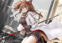 Rule 34 | 1girl, angelina (arknights), animal ear fluff, animal ears, arknights, black footwear, black gloves, black shirt, black shorts, blurry, blurry background, boots, breasts, brown eyes, brown hair, building, city, commentary request, day, depth of field, english text, gloves, hairband, highres, holding, holding weapon, hood, hood down, hooded jacket, jacket, long hair, long sleeves, medium breasts, open clothes, open jacket, outdoors, puffy long sleeves, puffy sleeves, red hairband, shirt, short shorts, shorts, sidelocks, smile, solo, sora mame (princess 0sora), striped clothes, striped hairband, tail, twintails, weapon, white jacket