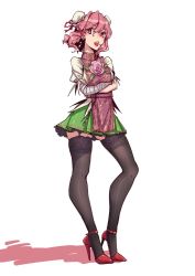 Rule 34 | 1girl, bandages, black thighhighs, chain, crossed arms, d&#039;orsay heels, flower, garter straps, high heels, ibaraki kasen, lace, lace-trimmed legwear, lace trim, open mouth, pink eyes, pink hair, red footwear, skirt, stank, tabard, thighhighs, touhou