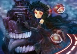Rule 34 | 10s, 1girl, abyssal ship, alternate skin color, bad id, bad pixiv id, black dress, black hair, bonnet, dark background, dress, elbow gloves, enemy aircraft (kancolle), gloves, glowing, glowing eyes, gothic lolita, highres, isolated island oni, kantai collection, lolita fashion, long hair, looking at viewer, mg42cat-k1ng, red eyes, teeth, tongue, turret, very long hair