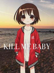 Rule 34 | 1girl, bad id, bad twitter id, beach, blush, brown eyes, brown hair, closed mouth, copyright name, cowboy shot, day, gishiki (gshk), highres, jacket, kill me baby, long sleeves, looking at viewer, ocean, open clothes, open jacket, oribe yasuna, outdoors, red jacket, shirt, smile, solo, standing, white shirt