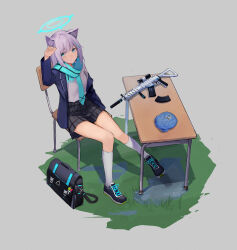Rule 34 | 1girl, absurdres, animal ear fluff, animal ears, aqua eyes, assault rifle, bag, black bag, black footwear, black skirt, blue archive, blue halo, blue jacket, blue scarf, chair, commentary request, cross hair ornament, grey hair, gun, hair ornament, halo, hand up, highres, jacket, lizard0221, long sleeves, looking up, mask, on chair, open clothes, open jacket, pleated skirt, rifle, scarf, school bag, shiroko (blue archive), shirt, shirt tucked in, shoes, sitting, skirt, socks, solo, table, weapon, white shirt, white socks, wolf ears