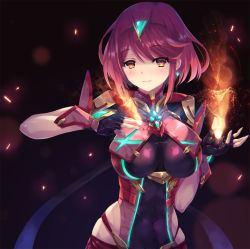 Rule 34 | 1girl, blush, breasts, covered navel, earrings, fingerless gloves, fire, gem, gloves, hair ornament, headpiece, inoue takuya (tactactak), jewelry, large breasts, looking at viewer, nintendo, pyra (xenoblade), red eyes, red hair, red shorts, short hair, shorts, simple background, smile, solo, swept bangs, tiara, xenoblade chronicles (series), xenoblade chronicles 2