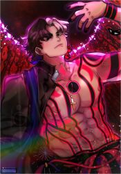 Rule 34 | 1boy, abs, absurdres, bara, bare pectorals, blush, corruption, cross, cross necklace, empty eyes, evil smile, extra eyes, fate/grand order, fate (series), half-closed eyes, hand up, head tilt, highres, jewelry, kotomine kirei, large pectorals, looking at viewer, maewenmitzuki, male focus, multicolored hair, muscular, muscular male, necklace, nipples, open clothes, open shirt, pectorals, priest, rasputin (fate), rasputin (second ascension) (fate), smile, solo, split-color hair, thick eyebrows, v-shaped eyebrows, white hair