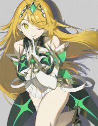 Rule 34 | 1girl, bare legs, bare shoulders, blonde hair, breasts, chest jewel, cleavage cutout, clothing cutout, dress, earrings, elbow gloves, fujie-yz, gloves, grey background, highres, jewelry, large breasts, long hair, mythra (xenoblade), one eye closed, short dress, simple background, smile, solo, swept bangs, thigh strap, tiara, very long hair, white dress, white footwear, white gloves, xenoblade chronicles (series), xenoblade chronicles 2, yellow eyes