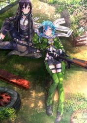 Rule 34 | 10s, 1boy, 1girl, anti-materiel rifle, armor, black hair, blue eyes, blue hair, blush, bolt action, breasts, cleavage, fingerless gloves, gloves, gun, hair ornament, hairclip, hand on forehead, highres, i-beam, kirito, kirito (sao-ggo), long hair, lying, on back, one eye closed, parted lips, pgm hecate ii, plant, purple eyes, rifle, scarf, shade, shorts, sinon, sitting, small breasts, smile, sniper rifle, sword art online, swordsouls, thighs, tire, trap, tree, tree shade, weapon