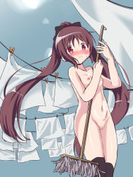 Rule 34 | 1girl, absurdres, alternate costume, amane tsukasa, bow, breasts, broom, brown hair, enmaided, frills, hair bow, highres, holding, holding broom, long hair, looking at viewer, magia record: mahou shoujo madoka magica gaiden, mahou shoujo madoka magica, maid, nipples, nude, pussy, red eyes, solo, thighhighs, twintails, uncensored, uya 04