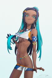 Rule 34 | 1girl, aqua eyes, aqua hair, armband, armlet, belly chain, bikini, black hair, blue gloves, bra, bra lift, breasts, clothes pull, creatures (company), dark-skinned female, dark nipples, dark skin, ear piercing, earrings, eyelashes, eyeshadow, forehead, game freak, gloves, grey background, gym leader, hair bun, highres, hoop earrings, jewelry, licking lips, lifting own clothes, long hair, looking at viewer, makeup, multicolored hair, naughty face, navel, necklace, nessa (pokemon), nintendo, nipples, no panties, perky breasts, petite, piercing, pokemon, pokemon swsh, pulling own clothes, ribs, shorts, shorts pull, signature, single glove, single hair bun, slivokuch, small breasts, solo, standing, swimsuit, tankini, toned, tongue, tongue out, two-tone hair, underwear, undressing