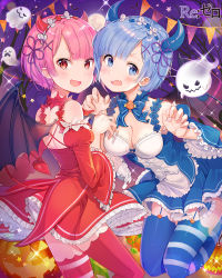 Rule 34 | 10s, 2girls, :d, adapted costume, asymmetrical legwear, bad id, bad pixiv id, blue dress, blue eyes, blue hair, blue thighhighs, blush, breasts, chagoon, choker, claw pose, cleavage, copyright name, demon horns, demon tail, demon wings, detached sleeves, dress, fang, frilled sleeves, frills, full moon, garter straps, ghost, halloween, head tilt, highres, horns, jack-o&#039;-lantern, legs up, long sleeves, looking at viewer, maid headdress, medium breasts, mismatched legwear, moon, multiple girls, open mouth, pink hair, puffy long sleeves, puffy sleeves, ram (re:zero), re:zero kara hajimeru isekai seikatsu, red dress, red eyes, red legwear, rem (re:zero), short hair, siblings, sisters, smile, sparkle, star (symbol), striped clothes, striped legwear, striped thighhighs, tail, thighhighs, twins, v-shaped eyebrows, wide sleeves, wings