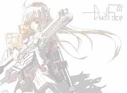Rule 34 | 1girl, armored core, armored core nexus, dual face, female focus, from software, gender request, genderswap, genobee, gun, hier, long hair, mecha musume, solo, weapon, white background