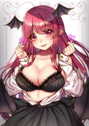 Rule 34 | 1girl, bare shoulders, bat wings, black bra, black nails, black skirt, black wings, bra, breasts, cleavage, collarbone, earrings, glint, head tilt, head wings, heart, heart-shaped pupils, highres, jewelry, koakuma, lace, lace-trimmed bra, lace trim, large breasts, lips, long hair, long sleeves, looking at viewer, momoyama riyo, nail polish, parted lips, pointy ears, red eyes, red hair, shirt, skirt, smile, solo, symbol-shaped pupils, touhou, unbuttoned, unbuttoned shirt, underwear, upper body, white shirt, wings