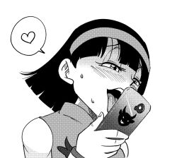 Rule 34 | 1girl, blush, cellphone, commentary, derivative work, dragon ball, dragon ball super, funsexydb, greyscale, hairband, half-closed eyes, heart, holding, holding phone, licking, maou evelogia ni mi wo sasage yo, monochrome, parody, phone, portrait, shaded face, sleeveless, smartphone, smartphone case, solo, spoken heart, sweat, tongue, videl