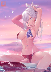 Rule 34 | 1girl, american flag bikini, armpits, arms behind head, arms up, asymmetrical hair, bare shoulders, barefoot, bikini, blush, breasts, collarbone, earrings, fate/grand order, fate (series), flag print, highres, jewelry, large breasts, long hair, looking at viewer, miyamoto musashi (fate), miyamoto musashi (fate/grand order), miyamoto musashi (swimsuit berserker) (fate), miyamoto musashi (swimsuit berserker) (second ascension) (fate), mouth hold, navel, nekomimipunks, ocean, pink hair, pink sky, ponytail, purple sky, sitting, sky, solo, surfboard, swept bangs, swimsuit, twilight, tying hair, wet