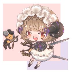Rule 34 | 1girl, :d, abrianelina, arknights, bena (arknights), black footwear, brown eyes, brown hair, chibi, chinese commentary, commentary request, fang, hairband, highres, horns, lolita hairband, looking at viewer, open mouth, scissors, shoes, short hair, skirt, smile, solo, white skirt