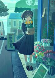 Rule 34 | 1girl, black footwear, brown hair, building, closed mouth, flower, flower pot, flower shop, full body, grey shirt, grey skirt, highres, holding, holding flower pot, kagenoyuhi, loafers, looking at viewer, original, outdoors, plant, pleated skirt, potted plant, purple flower, purple tulip, red eyes, red flower, red rose, red tulip, rose, sailor collar, shirt, shoes, shop, short hair, sign, skirt, socks, solo, standing, tulip, white sailor collar, white socks, yellow flower, yellow tulip