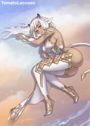 Rule 34 | 1girl, animal ears, artist name, ash (fire emblem), ass, bare shoulders, blush, breasts, bridal gauntlets, brown eyes, commentary, cow ears, cow horns, dark-skinned female, dark skin, earrings, fire emblem, fire emblem heroes, full body, gold trim, gradient background, hair ornament, highres, horns, jewelry, lips, long hair, lying, medium breasts, nintendo, parted lips, pelvic curtain, shoes, sidelocks, sleeveless, tail, thighhighs, thighs, tomatolacoon, white hair