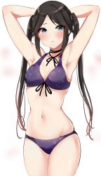 Rule 34 | 1girl, absurdres, armpits, arms up, bikini, black hair, blue eyes, blush, breasts, choker, cleavage, cowboy shot, embarrassed, frown, highres, idolmaster, idolmaster shiny colors, long hair, looking at viewer, mitsumine yuika, murabito c, navel, parted bangs, purple bikini, ribbon choker, sidelocks, simple background, small breasts, solo, swimsuit, twintails