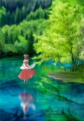 Rule 34 | 1girl, bow, branch, brown hair, detached sleeves, floating, forest, from behind, grass, hair bow, hakurei reimu, hands in opposite sleeves, lake, levitation, luoye, mary janes, nature, outdoors, realistic, reflection, scenery, shoes, short hair, skirt, skirt set, solo, touhou, wide shot, wind