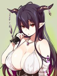 Rule 34 | 10s, 1girl, bags under eyes, bandages, bare shoulders, black hair, breasts, cleavage, danua, draph, female focus, gem, granblue fantasy, green background, hair between eyes, horn ornament, horns, jewelry, jitome, large breasts, long hair, necklace, pale skin, pointy ears, saliva, saliva trail, sasamori tomoe, simple background, solo, upper body