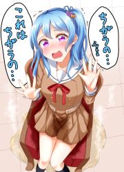 Rule 34 | 1girl, bang dream!, black socks, blue hair, blush, breasts, brown dress, chair, crying, dress, embarrassed, female focus, from above, hair ornament, hands up, heart, japanese text, kneehighs, knees together feet apart, kurokaoka, long sleeves, looking at viewer, looking up, matsubara kanon, neck ribbon, open mouth, peeing, peeing self, pleated dress, puddle, purple eyes, red ribbon, ribbon, school uniform, side ponytail, sitting, small breasts, socks, solo, speech bubble, steam, talking, tears, teeth, text focus, translation request, trembling, wet, wet clothes