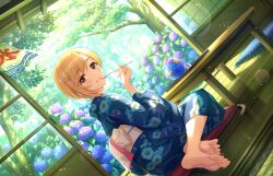 Rule 34 | 1girl, aiba yumi, architecture, arm support, barefoot, blonde hair, blue kimono, brown eyes, dutch angle, east asian architecture, eyelashes, feet, floral print, flower, food, from side, full body, game cg, hair ornament, hairclip, holding, idolmaster, idolmaster cinderella girls, idolmaster cinderella girls starlight stage, indoors, japanese clothes, kimono, kooribata, lens flare, long sleeves, looking at viewer, medium hair, obi, obijime, official art, on ground, parted bangs, pillow, print kimono, sash, shaved ice, sitting, smile, soles, solo, spoon, table, toenails, toes, tray, tree, wooden floor, yokozuwari