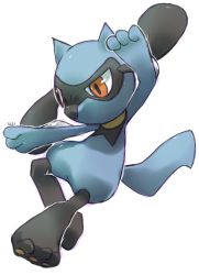Rule 34 | brown eyes, creature, creatures (company), fighting stance, full body, game freak, gen 4 pokemon, nintendo, no humans, pinkgermy, pokemon, pokemon (creature), riolu, signature, simple background, solo, white background