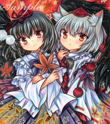 Rule 34 | 2girls, animal ear fluff, animal ears, autumn leaves, bird wings, black bow, black bowtie, black hair, black skirt, black wings, blush, bow, bowtie, closed mouth, cowboy shot, crossed arms, embellished costume, frilled shirt, frilled shirt collar, frills, grey hair, hair between eyes, hand fan, hand up, hat, hauchiwa, holding, holding fan, inubashiri momiji, leaf, leaf print, long sleeves, looking at viewer, maple leaf, marker (medium), medium hair, multiple girls, parted lips, pom pom (clothes), print skirt, red background, red eyes, red headwear, ribbon-trimmed sleeves, ribbon trim, rui (sugar3), sample watermark, shameimaru aya, shirt, skirt, smile, spread wings, standing, tokin hat, touhou, traditional media, watermark, white shirt, wide sleeves, wings, wolf ears