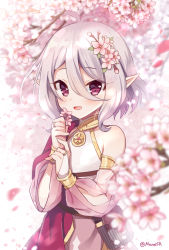 Rule 34 | 1girl, :d, alternate color, antenna hair, bare shoulders, blurry, blurry background, blurry foreground, blush, branch, bridal gauntlets, cherry blossoms, commentary request, depth of field, detached sleeves, dress, flower, hair between eyes, hair flower, hair ornament, holding, holding flower, kokkoro (princess connect!), korean commentary, long sleeves, looking at viewer, mauve, open mouth, petals, pink dress, pink flower, pink sleeves, pointy ears, princess connect!, puffy long sleeves, puffy sleeves, red eyes, see-through, see-through sleeves, silver hair, sleeveless, sleeveless dress, smile, solo, twitter username, upper body
