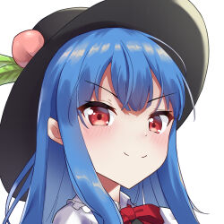 Rule 34 | 1girl, ambasa, black hat, blue hair, blush, bow, bowtie, closed mouth, commentary request, food, fruit, fruit hat ornament, hat, hinanawi tenshi, leaf hat ornament, long hair, looking at viewer, peach, peach hat ornament, red bow, red bowtie, red eyes, smile, solo, touhou